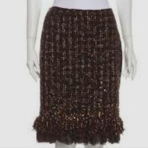 Lafayette 148 New York Tweed Wool Blend Brown Skirt With Embellished Hem Sz 2